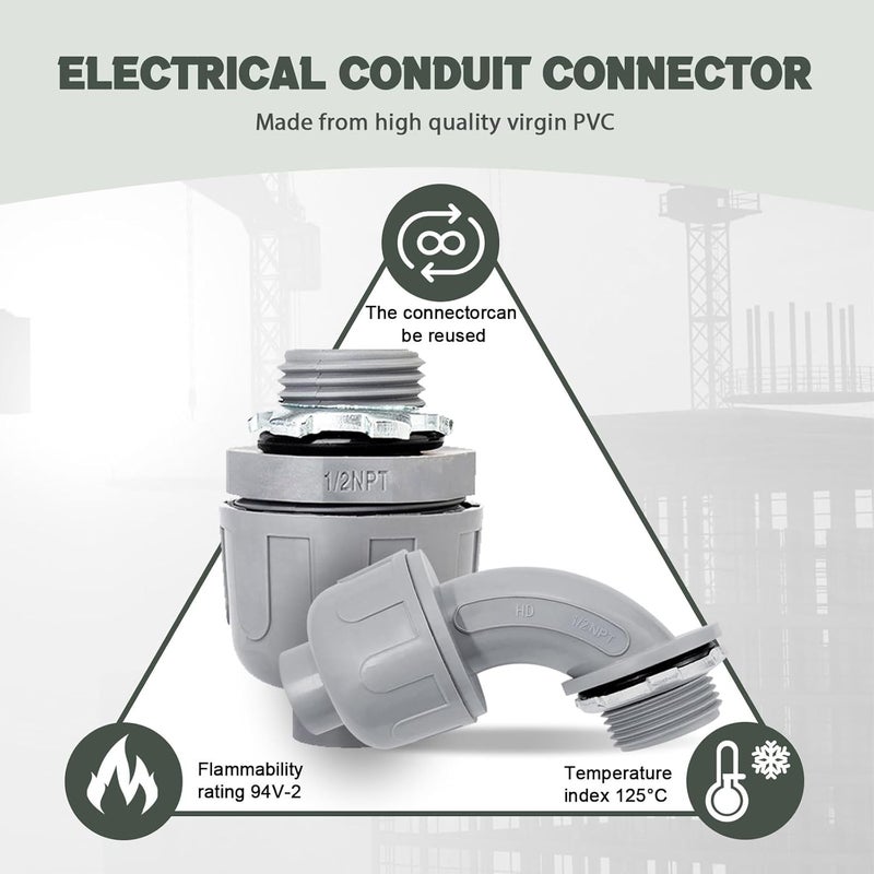 Feotech 30 Pack 1/2 Inch Liquid Tight Connectors - PVC Electrical Conduit Fittings, Straight, 90 and 180 Degree Non-Metallic Flexible Connectors for Home, Bathroom, and Kitchen, Gray - Image 3